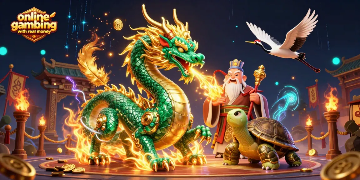 Engage in online gambling with real money surrounded by mythical creatures and casino elements.