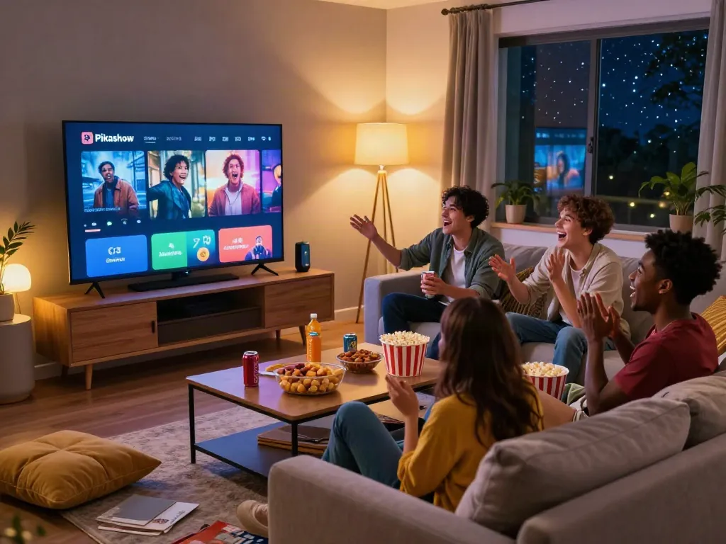 Friends enjoying a movie night with content from https://pikashowpro.app/ in a cozy living room.