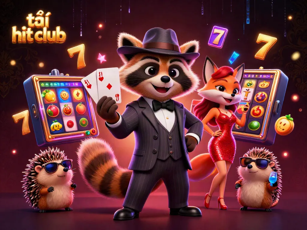 Experience the excitement of tải hit club with a charming illustration of casino characters amidst vibrant slot reels and jackpots.