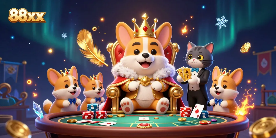 Participate in exciting card games at 88xx with a royal corgi overseeing the thrilling gameplay