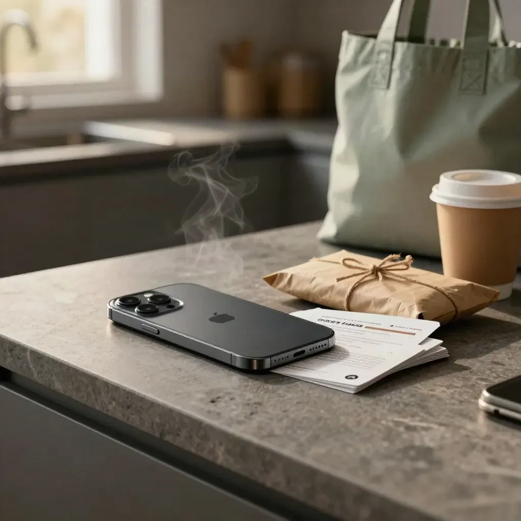 Weekendbundel met smartphone, dealkaartjes, tas en koffiebeker op stenen keukenblad.