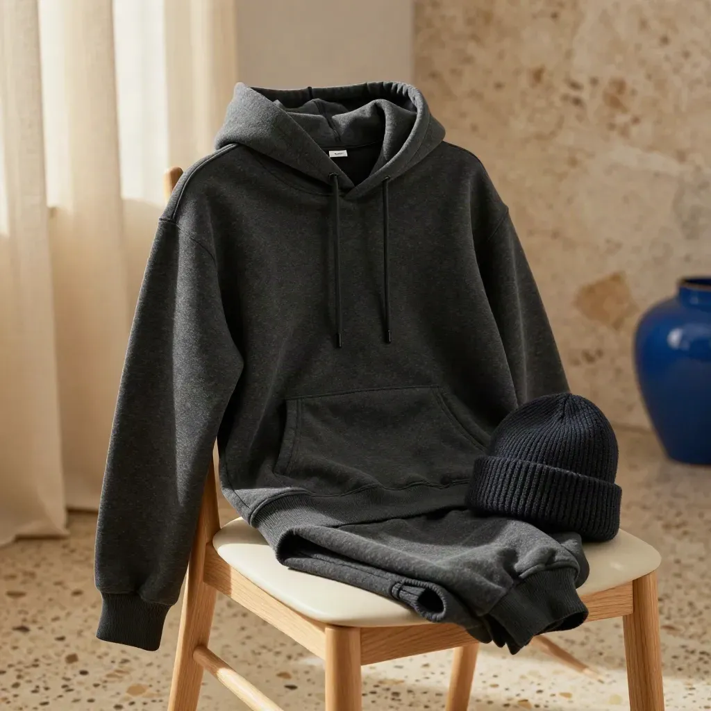 Charcoal hoodie met joggingbroek en muts op een houten stoel in zacht licht.