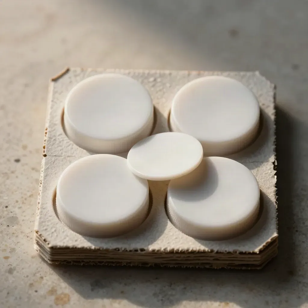 Bovenaanzicht van vier onbedrukte AirTag-pucks in een papieren inzetstuk, één schuift net los.