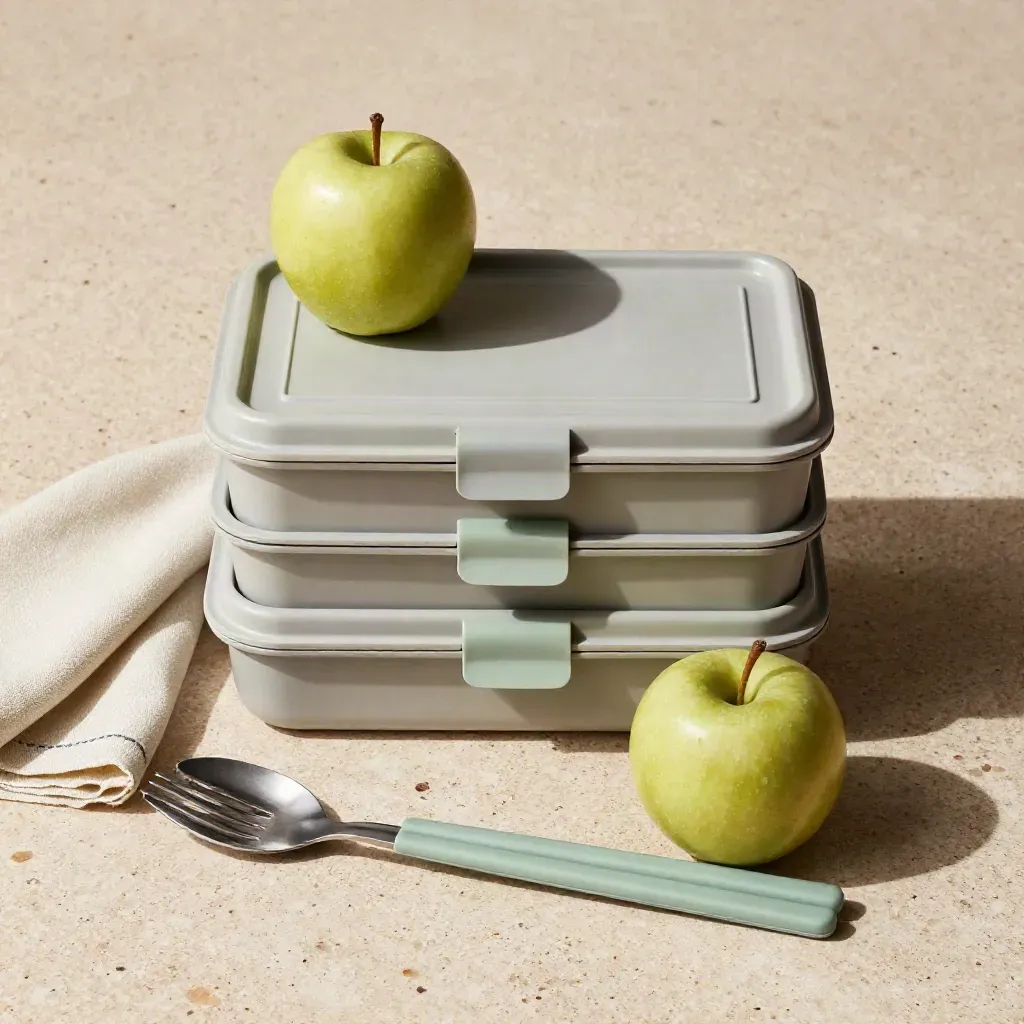 Drie lunchboxen met servet, appel en bestek in een nette overhead flatlay.