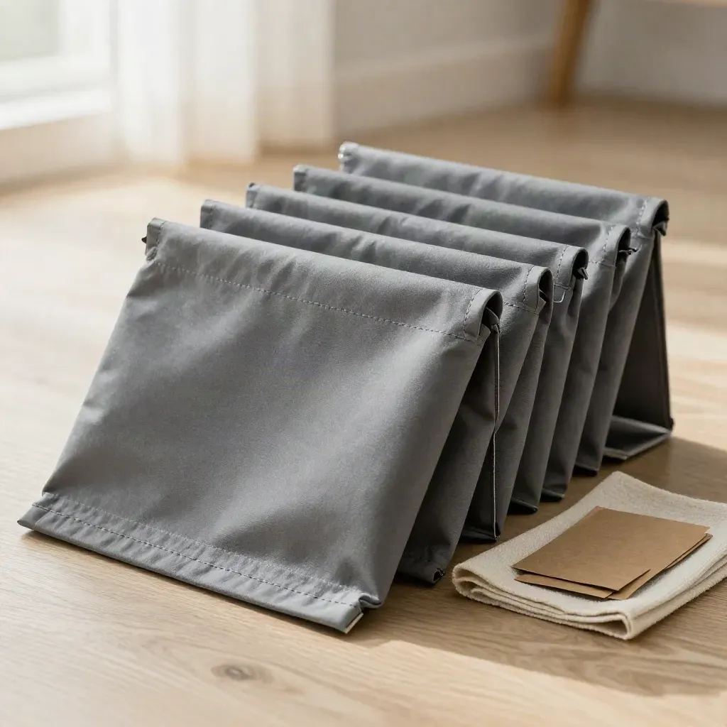 Vijf stofzuigerzakken met doekje en papieren sleeves op licht eikenhout.