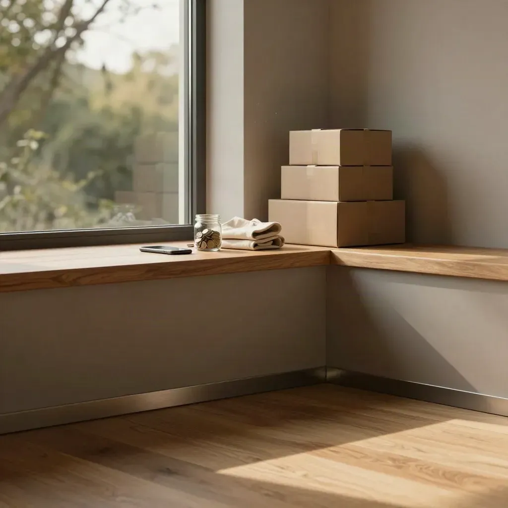 Warme houten interieurhoek met raamlicht, lage plank en zachte groene buitenlucht.