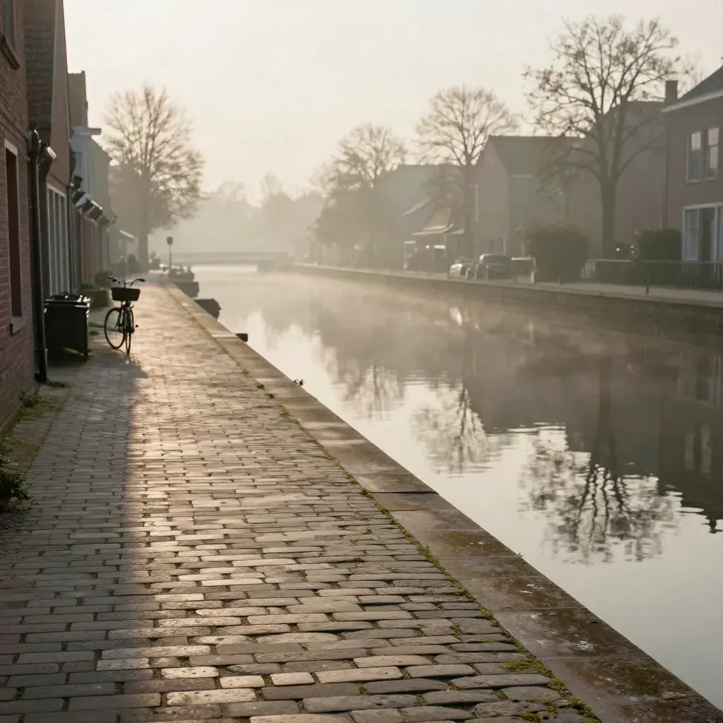 Avondzon langs een stille gracht met bakstenen treden, terrasrand en zachte fietsvormen.