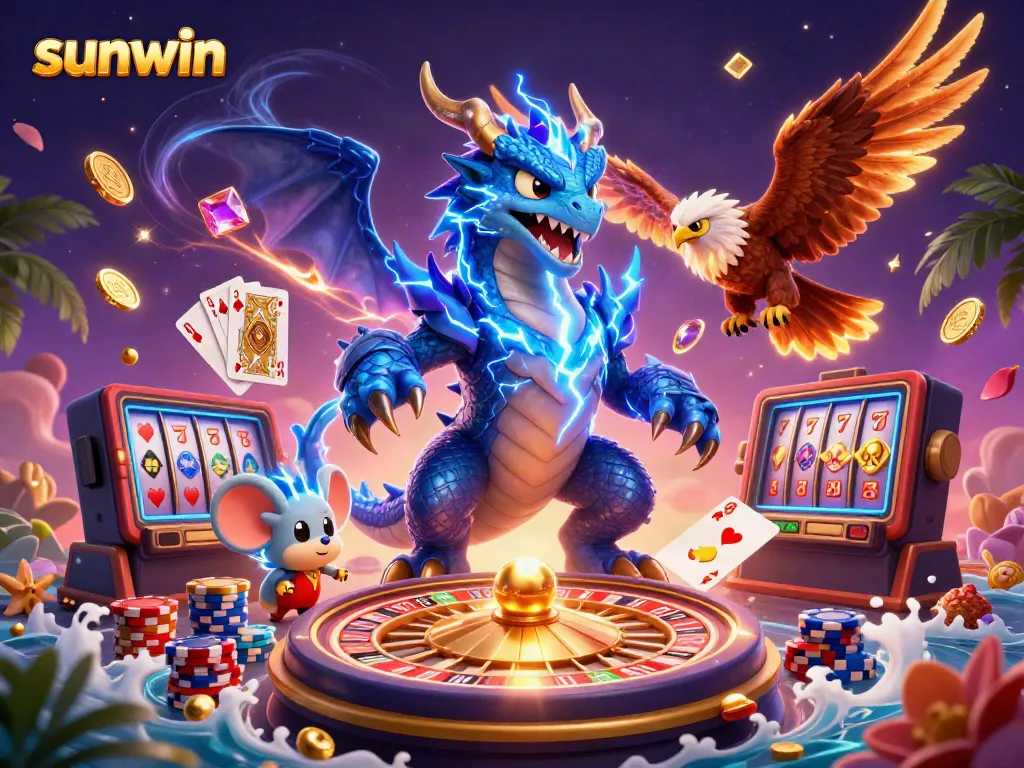 Experience exciting gaming action with sunwin as colorful dragons, hawks, and treasures fill the scene.