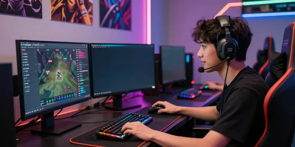 Trackbase esports player analyzing game statistics in a vibrant gaming setup