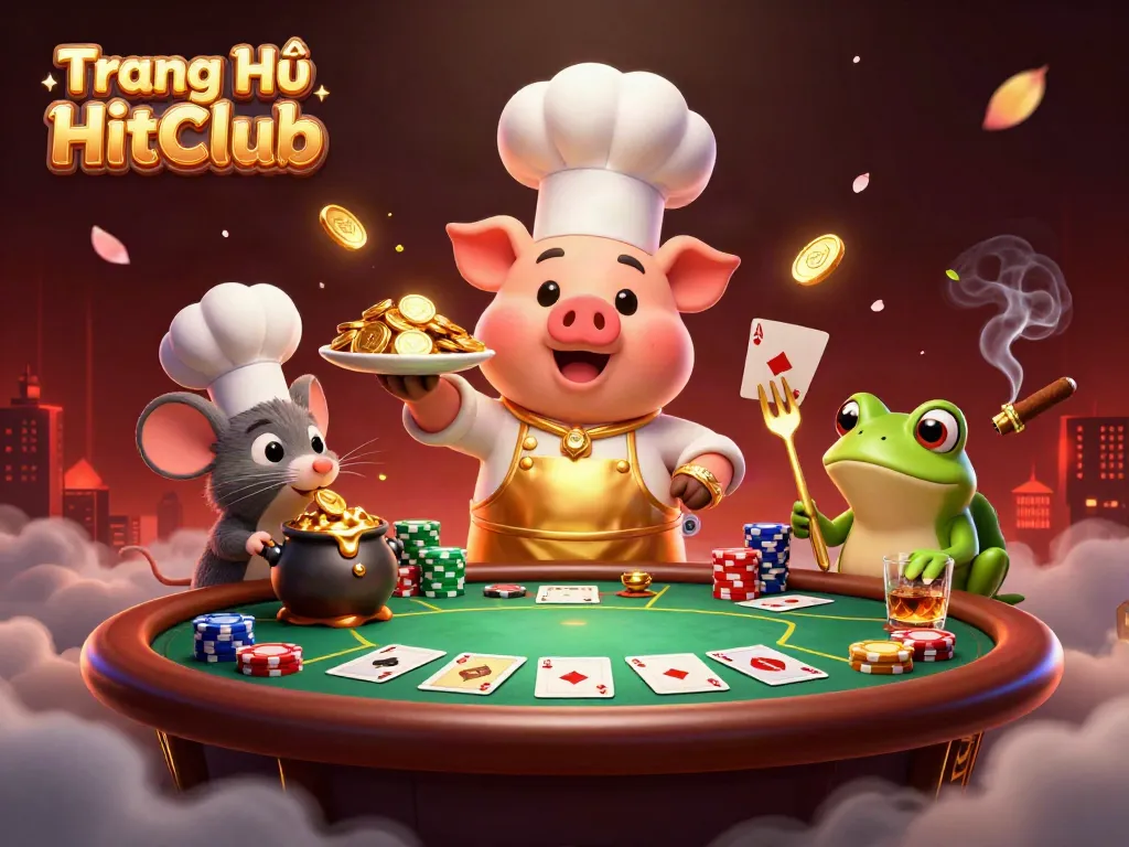 Experience the thrill of gaming with Trang Chủ HitClub's vibrant 3D casino scene featuring unique characters and elements.