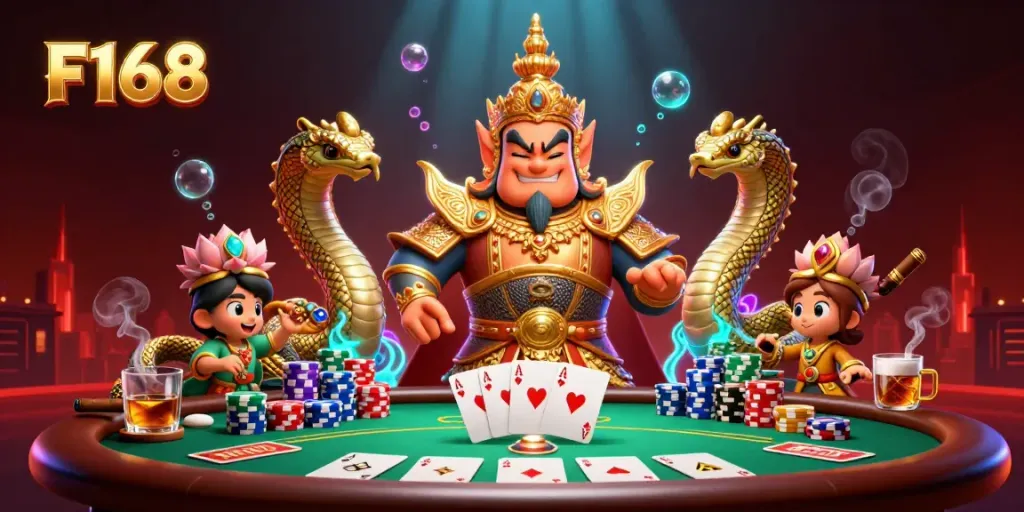 Play poker with F168's vibrant casino guardian and Naga in an enchanting game scene.