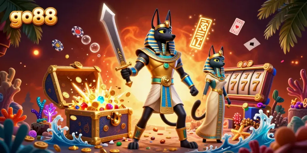 Experience the thrill of go88 with Anubis and Bastet among rich casino treasures and vibrant colors.