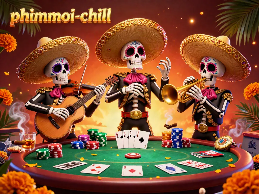 Engage with phimmoi-chill at a vibrant poker game featuring Day of the Dead mariachi skeletons.