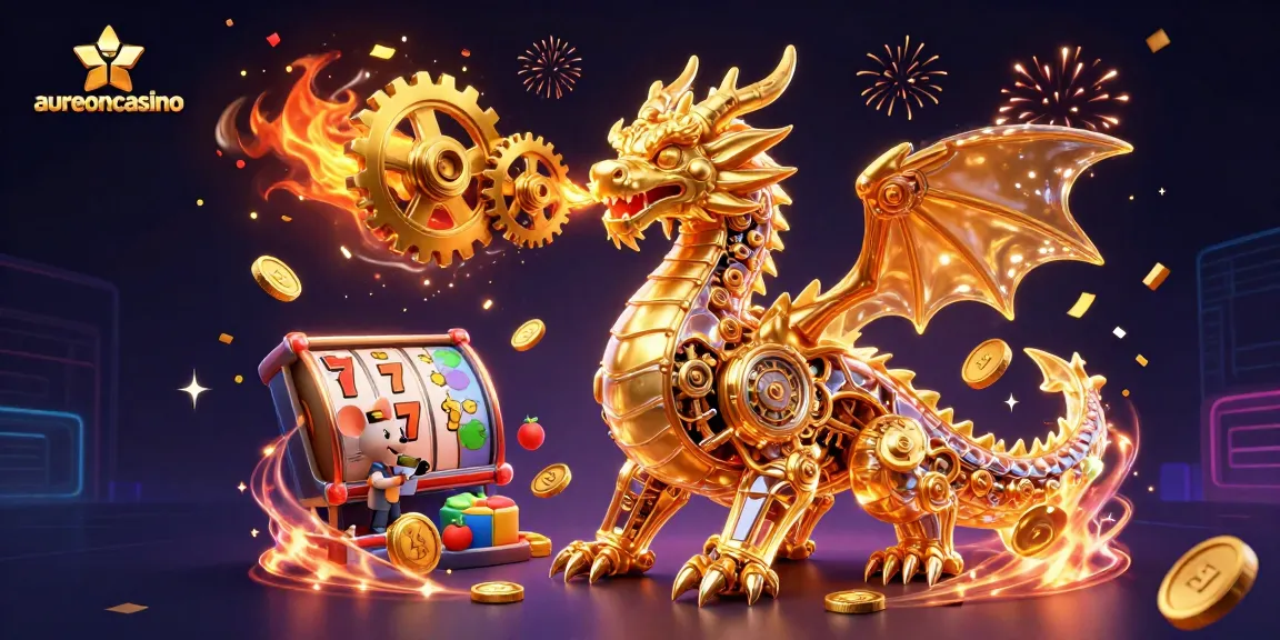Aureoncasino showcases dynamic gameplay with a golden dragon amidst vibrant slots and celebratory effects.