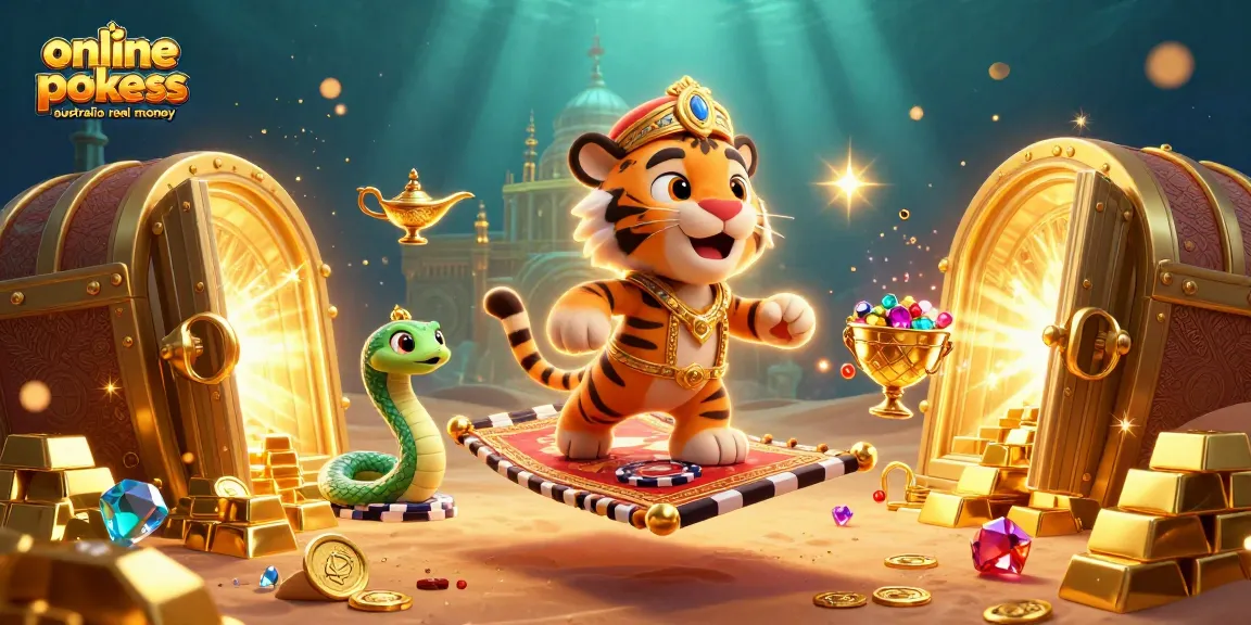 Spin vibrant online pokies Australia real money with the tiger sultan and genie in a rich casino scene.